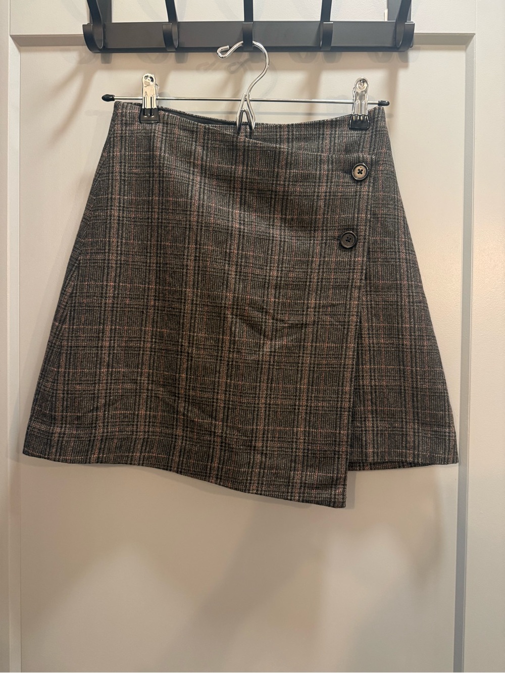 Aritzia Plaid Mini Skirt in Brown and Gray with Button Detail